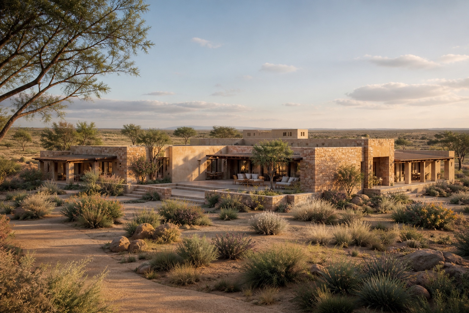 Indicative 3D visualization of a low-density desert farm estate in Osian, Jodhpur