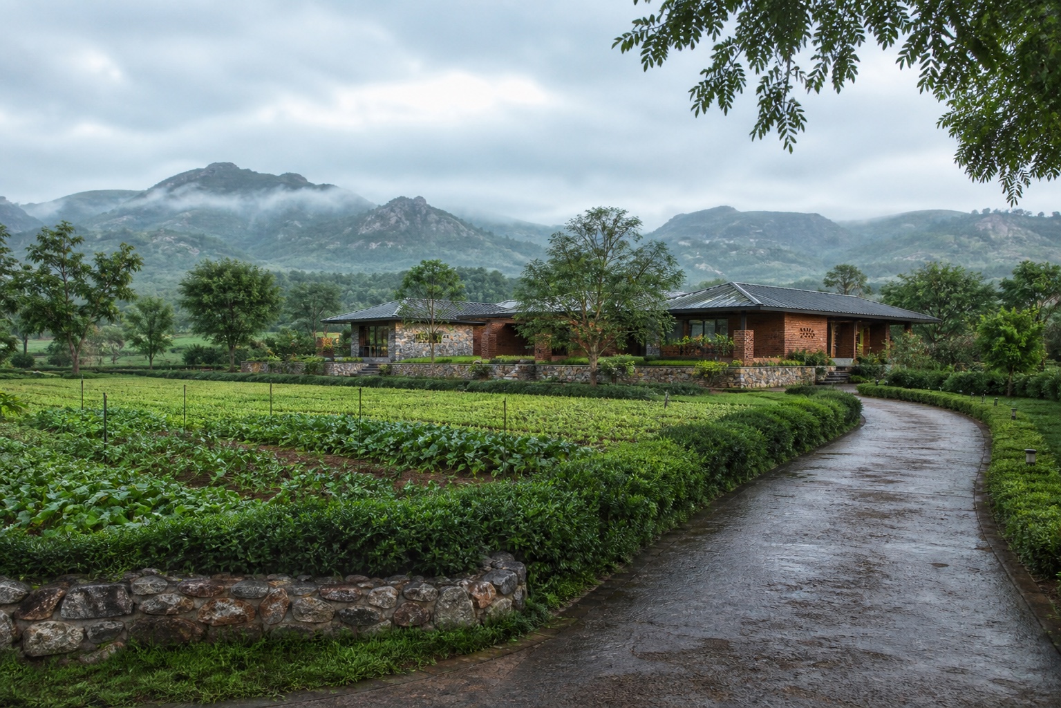 Indicative 3D visualization of a green low-density farm estate in Nuh, Haryana